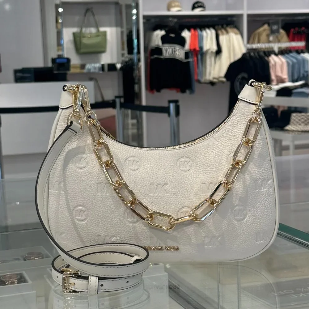Michael Kors CORA Large Shoulder Crossbody Bag Embossed Leather MK Light Cream